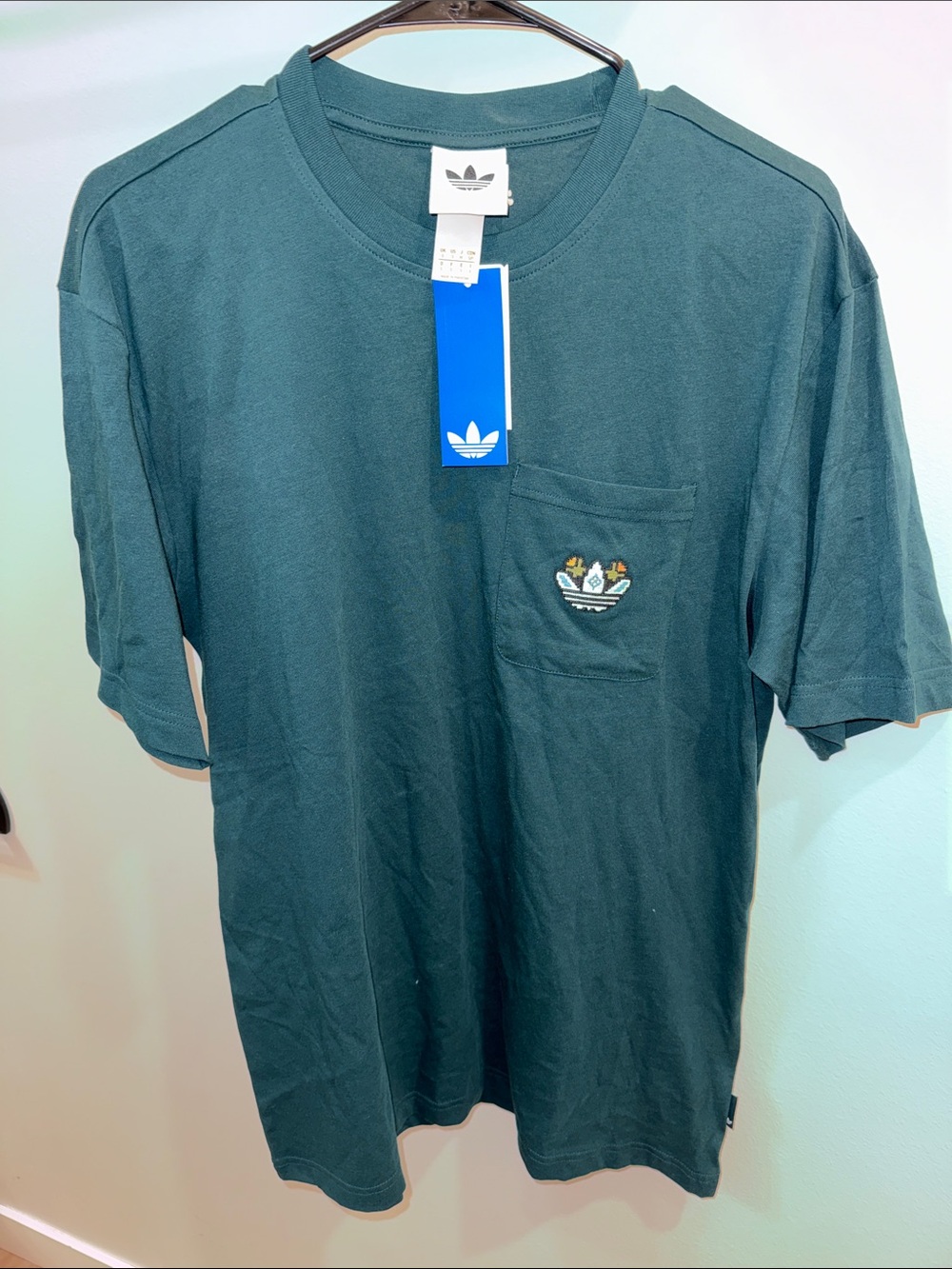 adidas Dark Teal Pocket Tee with Embroidered Trefoil